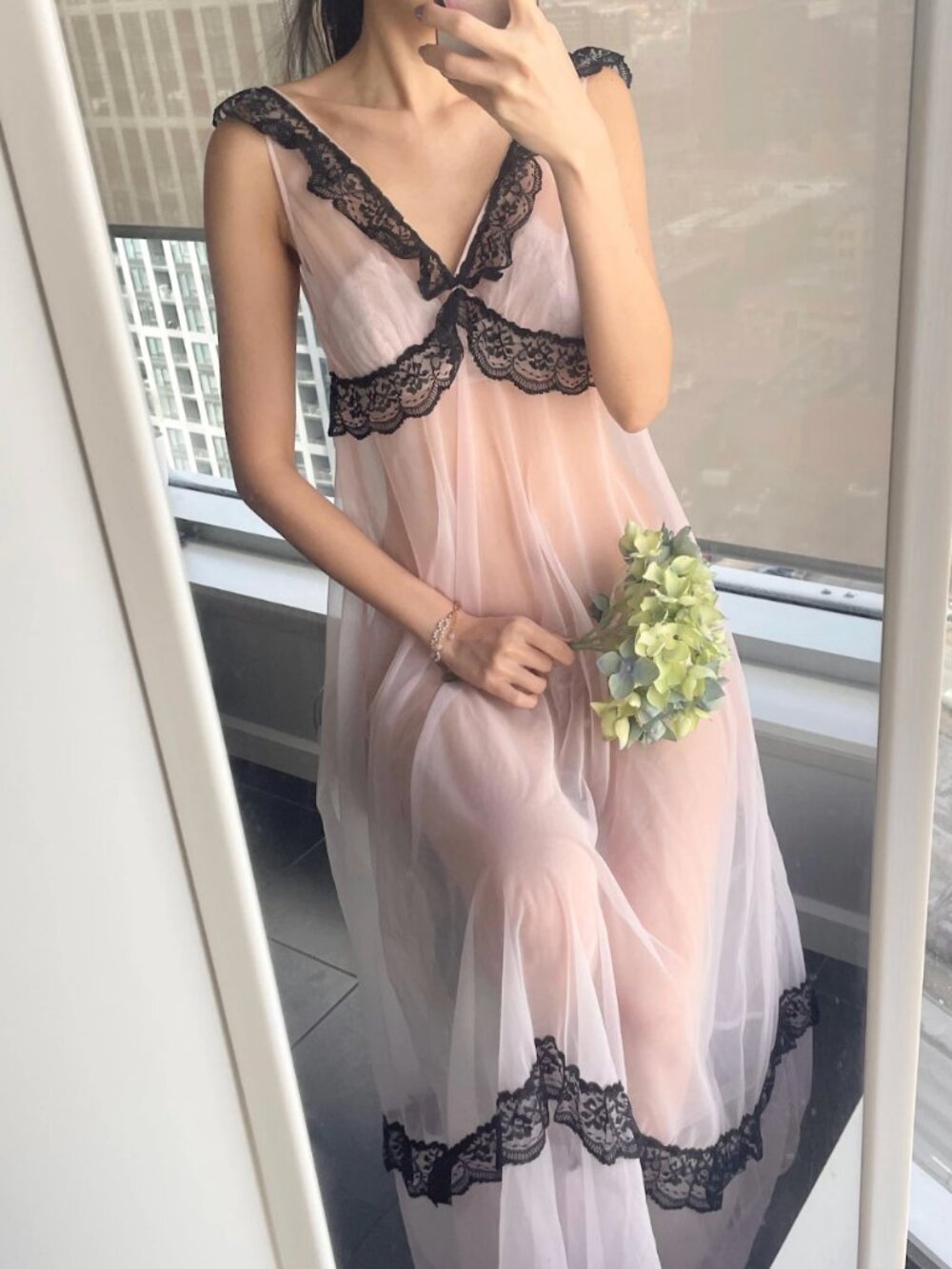 Vintage Pink Nylon Maxi Dress, Sheer Lace Lingerie, Size M-L